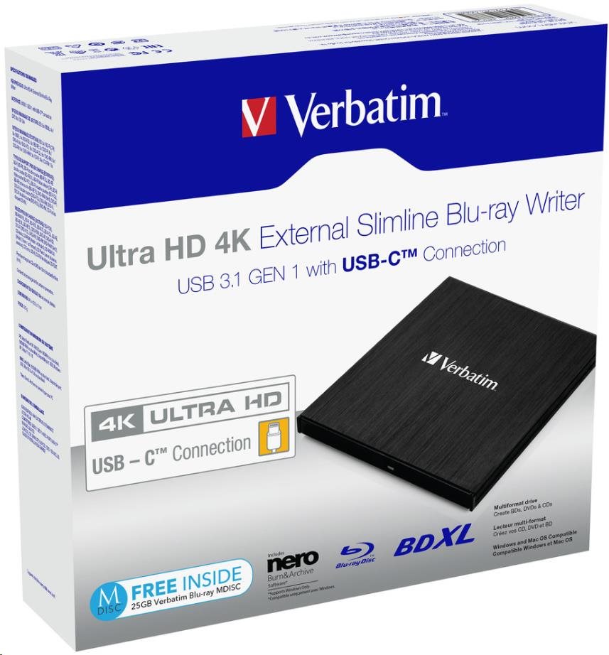 VERBATIM externí mechanika Ultra HD 4K Blu-ray External Slimline Writer (USB 3.1, USB-C) + zdarma 25GB médium +NERO