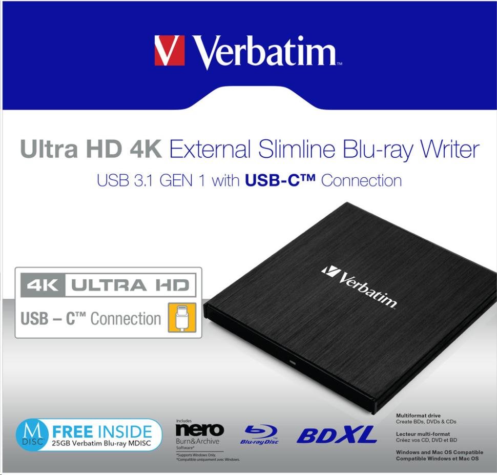 VERBATIM externí mechanika Ultra HD 4K Blu-ray External Slimline Writer (USB 3.1, USB-C) + zdarma 25GB médium +NERO