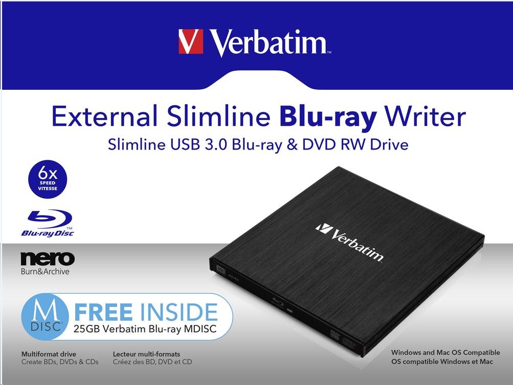VERBATIM externí mechanika Slimline Blu-ray Rewriter USB 3.0 Zdarma BR Disc 25GB (CD DVD BD Mdisc) +NERO