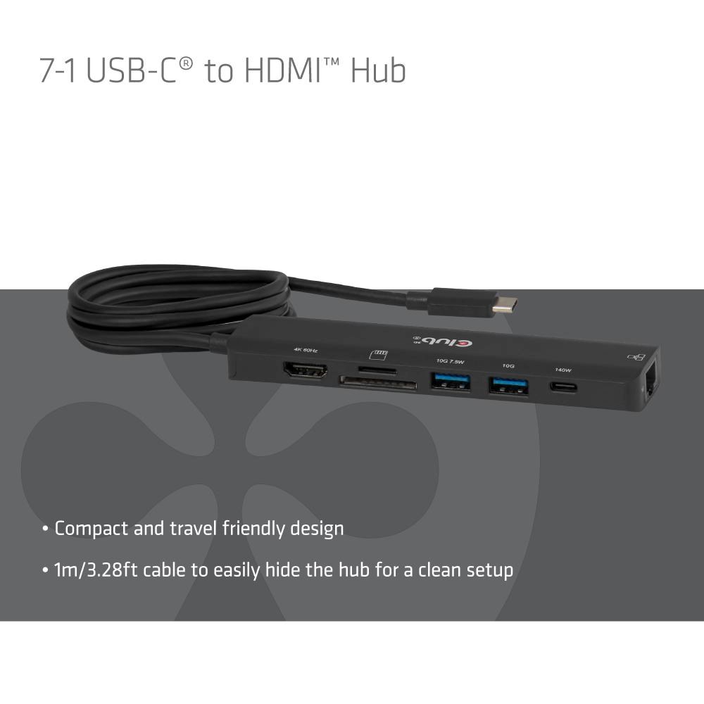 Club3D hub USB-C, 7-in-1 hub s 2x USB, 1xHDMI, 1xUSB-C PD, RJ45, microSD/SD, 140W, 4K60Hz, 1m kabel