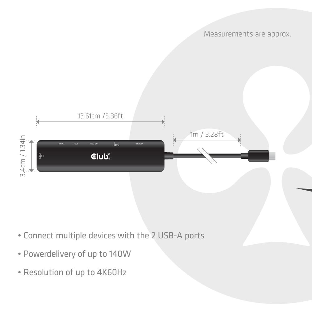 Club3D hub USB-C, 7-in-1 hub s 2x USB, 1xHDMI, 1xUSB-C PD, RJ45, microSD/SD, 140W, 4K60Hz, 1m kabel
