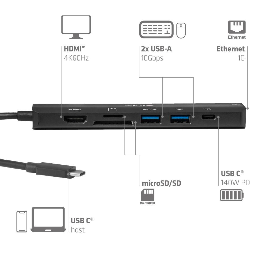 Club3D hub USB-C, 7-in-1 hub s 2x USB, 1xHDMI, 1xUSB-C PD, RJ45, microSD/SD, 140W, 4K60Hz, 1m kabel