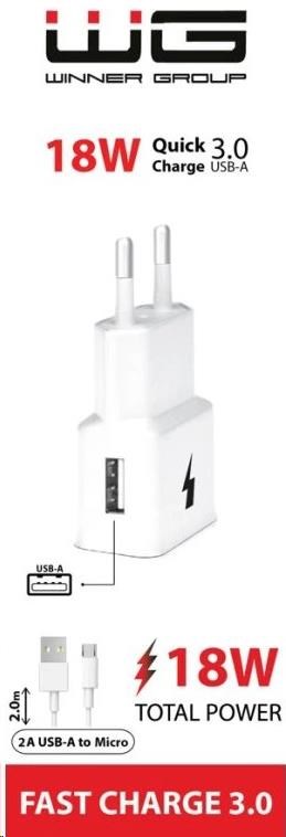 WG - Síťová nabíječka 1x USB-A, Quick Charge 3.0, 5V-9V-12V + kabel USB-A na Micro USB, white