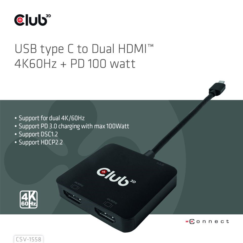 Club3D Video hub MST USB-C na 2xHDMI + USB-C PD 3.0, 4K60Hz