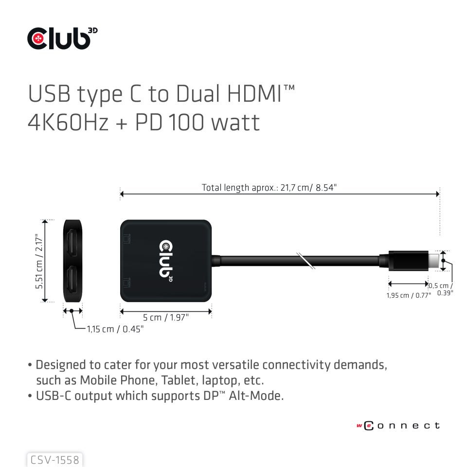 Club3D Video hub MST USB-C na 2xHDMI + USB-C PD 3.0, 4K60Hz