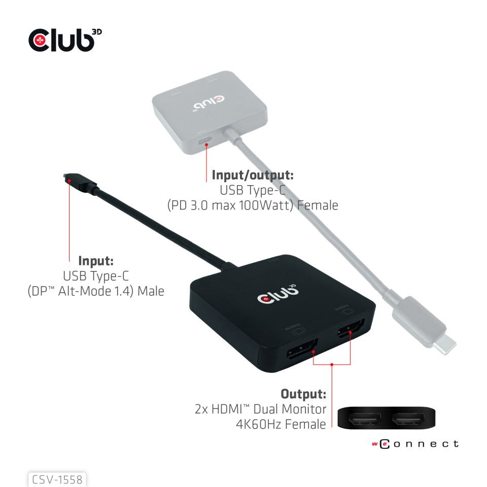 Club3D Video hub MST USB-C na 2xHDMI + USB-C PD 3.0, 4K60Hz