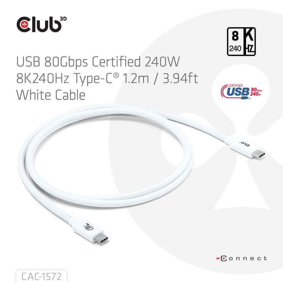 Club3D Kabel USB4 Typ-C, 80Gbps, Certifikovaný kabel, 4K540Hz, 8K240Hz, 16K60Hz, PD 240W, 1.2m, bílá