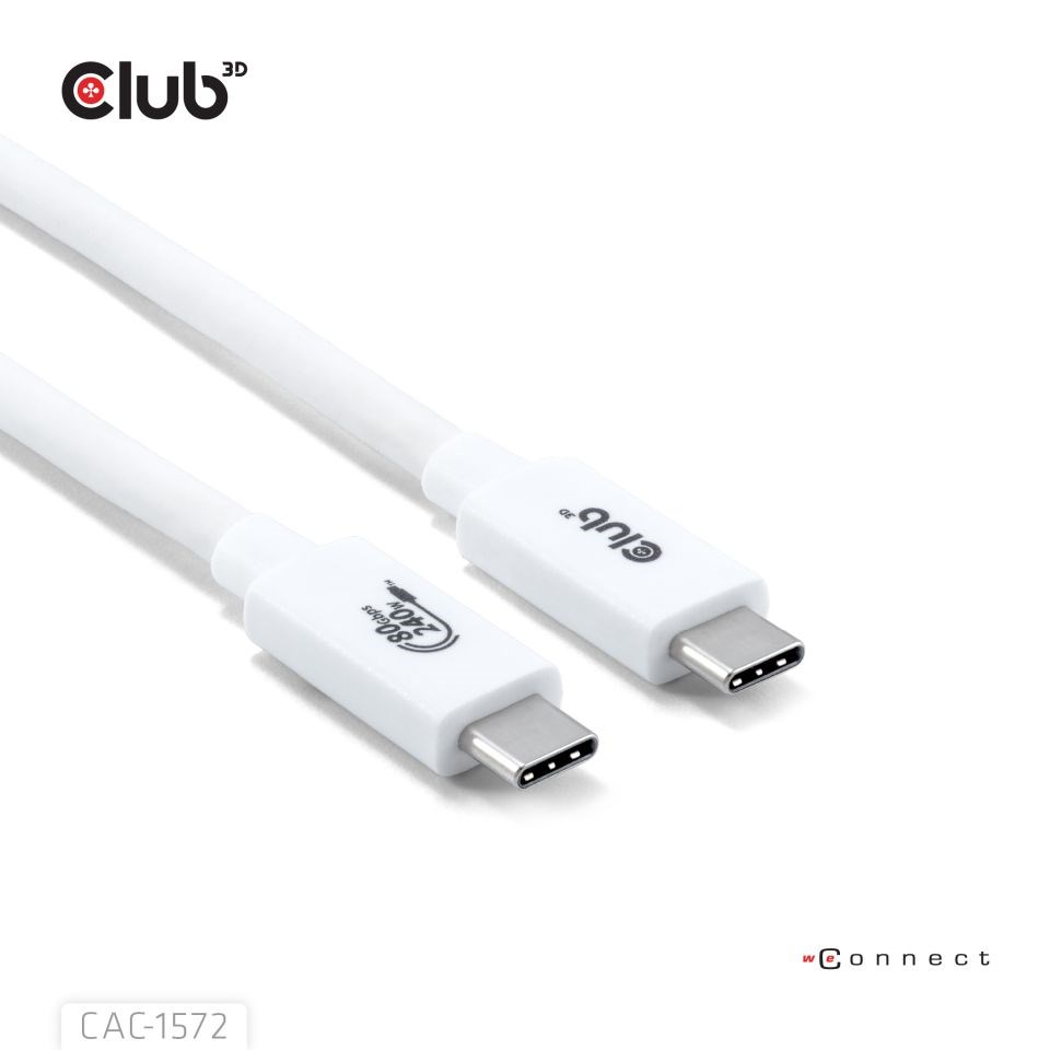 Club3D Kabel USB4 Typ-C, 80Gbps, Certifikovaný kabel, 4K540Hz, 8K240Hz, 16K60Hz, PD 240W, 1.2m, bílá
