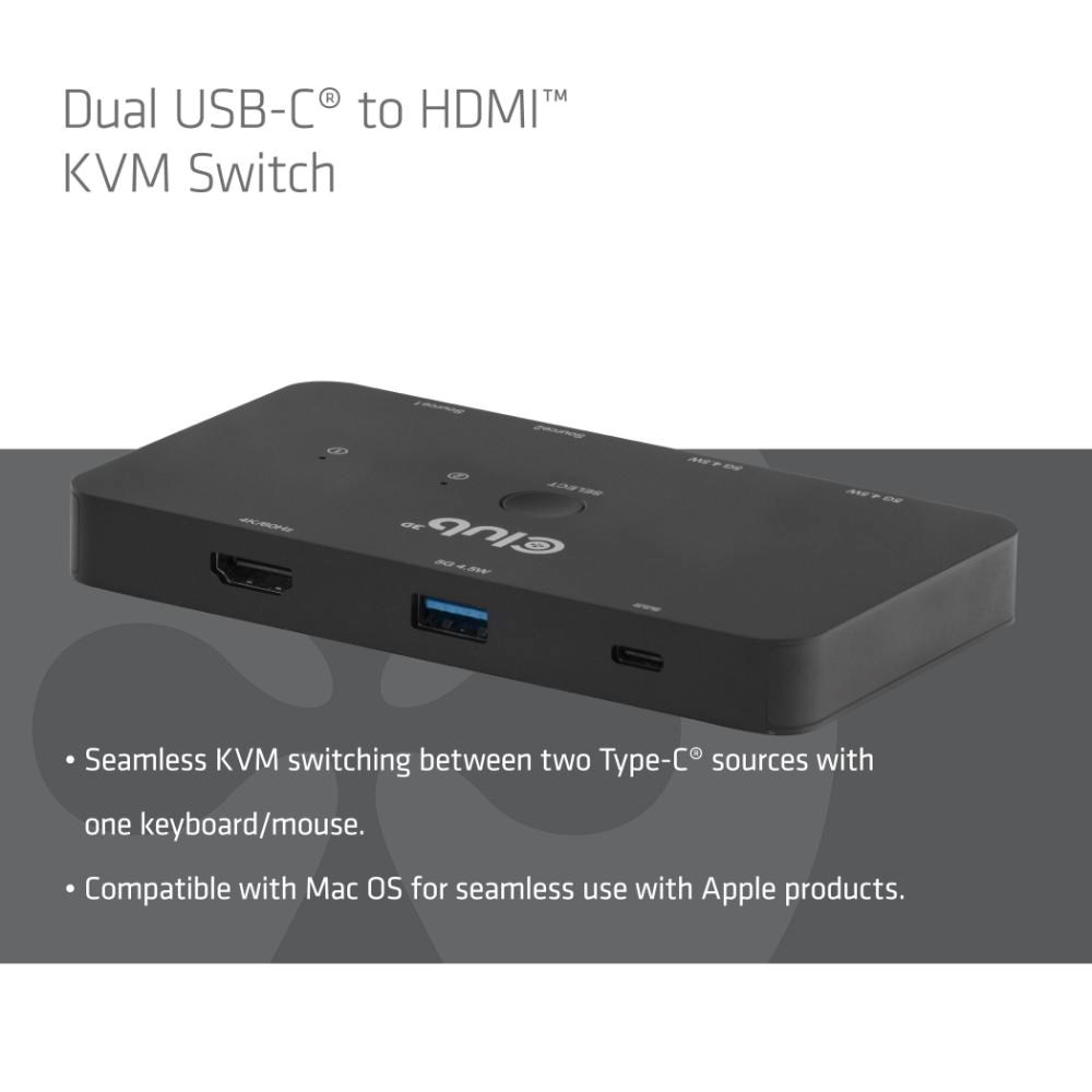 Club3D KVM Switch, 2xUSB-C na HDMI, 4K60Hz, PD 100W