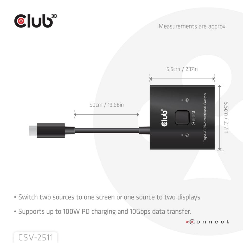 Club3D Switch, USB-C na 2xUSB-C Oboustranný 2v1, 8K60Hz, 4K120Hz, PD 100W