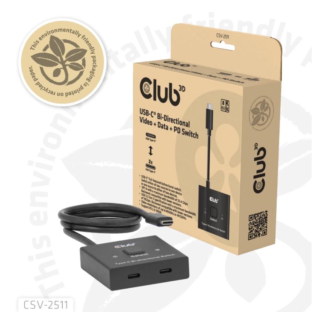Club3D Switch, USB-C na 2xUSB-C Oboustranný 2v1, 8K60Hz, 4K120Hz, PD 100W