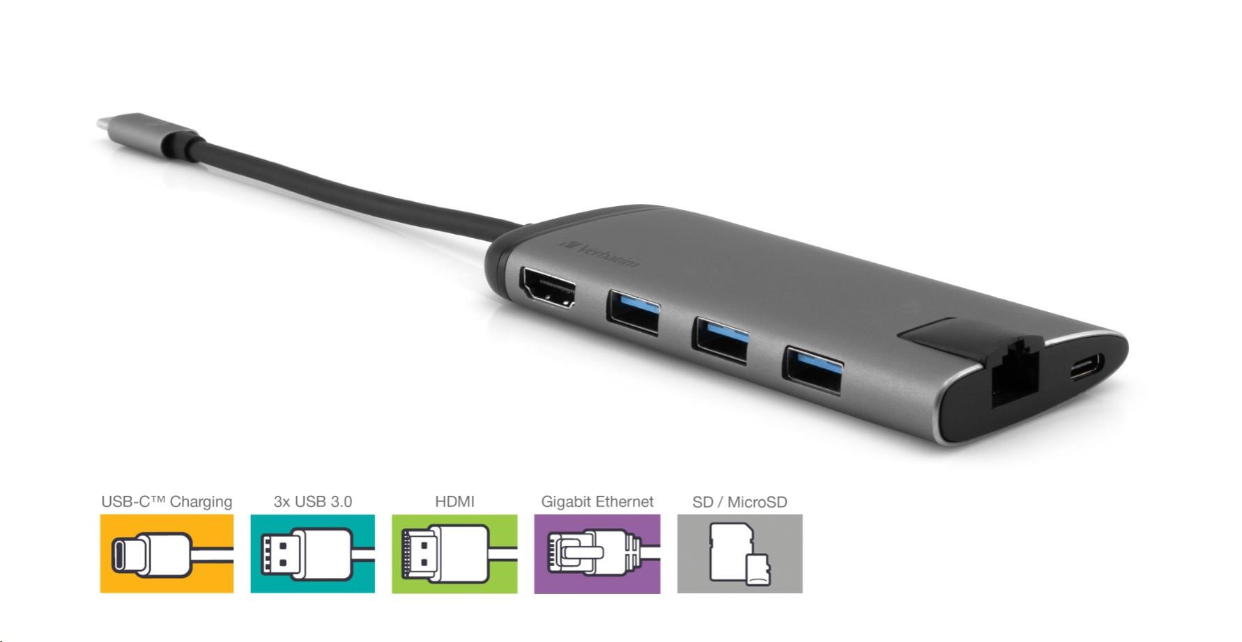 VERBATIM Dokovací stanice USB-C 7v1, 1xHDMI, 1xUSB-C, 3xUSB, 1xRJ45, čtečka SD karet, šedá