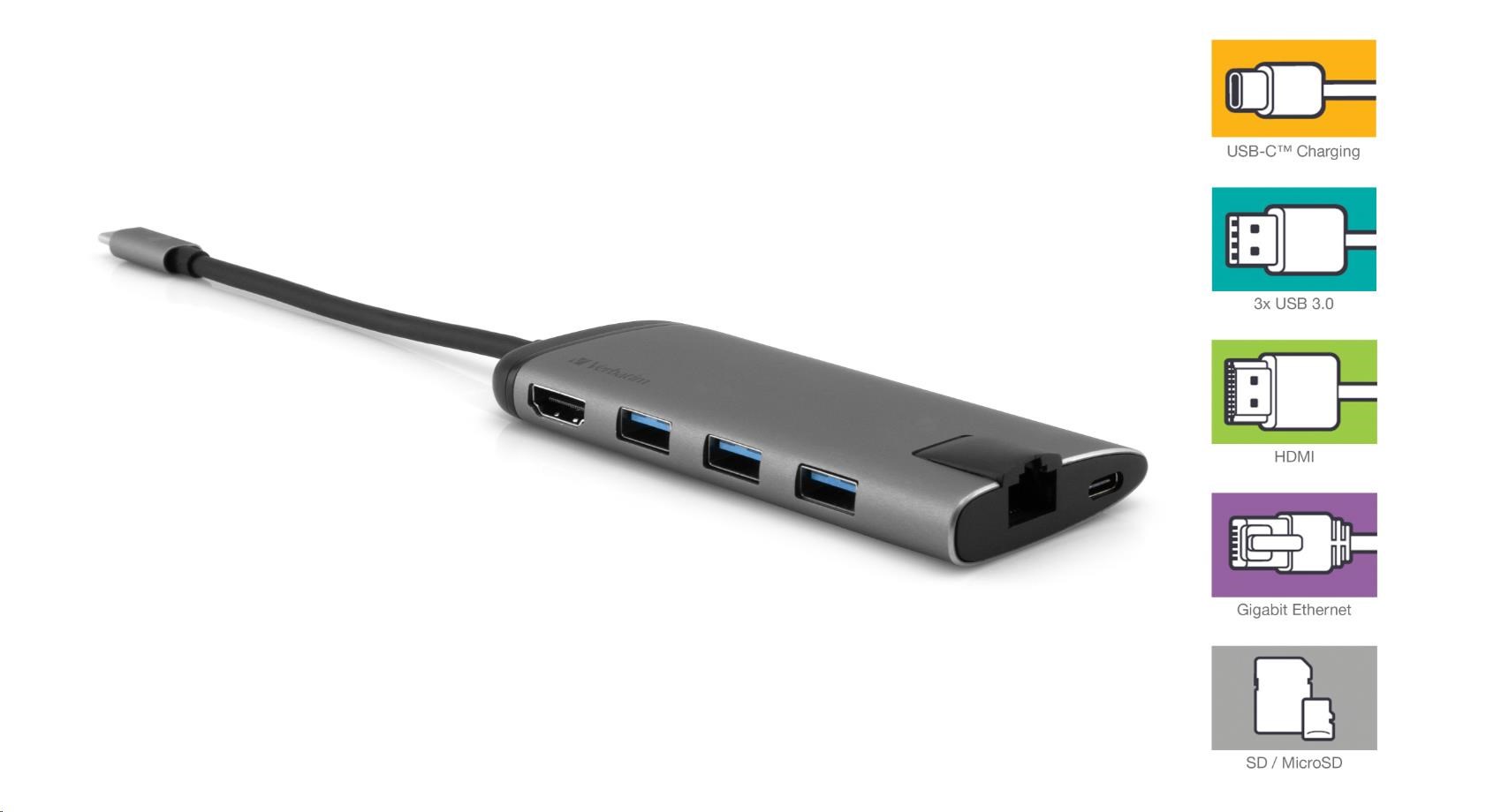 VERBATIM Dokovací stanice USB-C 7v1, 1xHDMI, 1xUSB-C, 3xUSB, 1xRJ45, čtečka SD karet, šedá