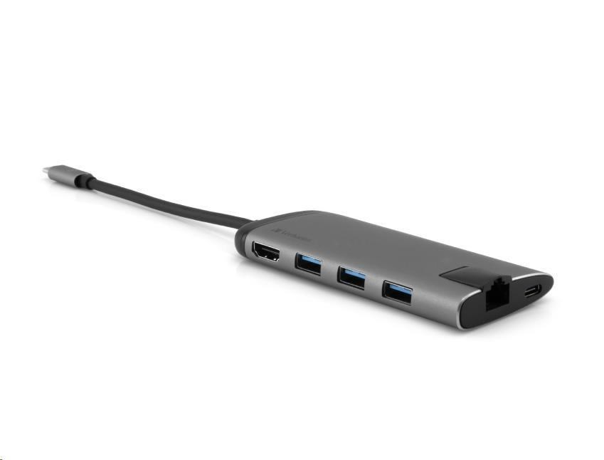 VERBATIM Dokovací stanice USB-C 7v1, 1xHDMI, 1xUSB-C, 3xUSB, 1xRJ45, čtečka SD karet, šedá