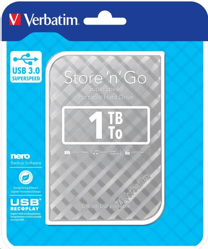 VERBATIM Externí HDD 1TB Store 'n' Go Portable Hard Drive USB 3.0, Silver GEN II