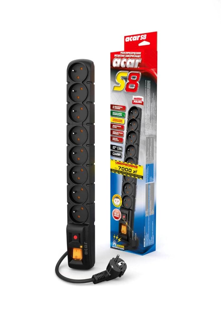 Acar S8 1.5m kabel, 8 zásuvek, přepěťová ochrana, černá