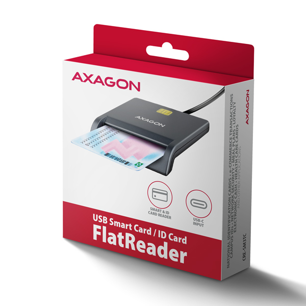 AXAGON CRE-SM3TC, USB-C FlatReader čtečka kontaktních karet Smart card (eObčanka), kabel 1.2m