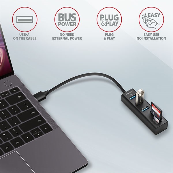 AXAGON HMA-CR3A, USB 3.2 Gen 1 hub, porty 3x USB-A + čtečka karet SD/microSD, kovový, kabel USB-A 20cm