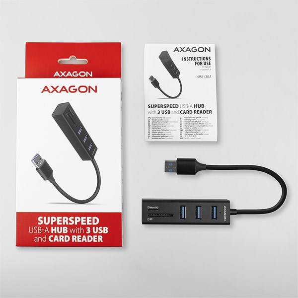 AXAGON HMA-CR3A, USB 3.2 Gen 1 hub, porty 3x USB-A + čtečka karet SD/microSD, kovový, kabel USB-A 20cm