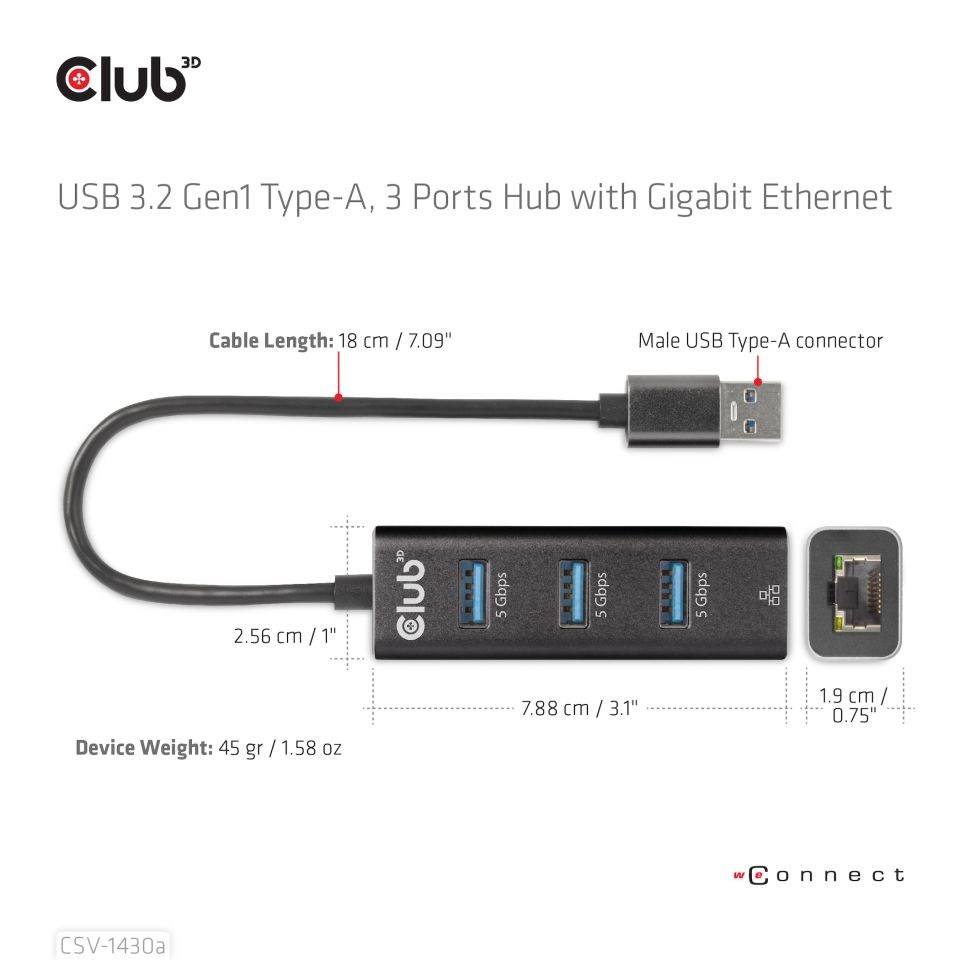 Club3D Rozbočovač, USB-A 3.2 Gen1 na 3x USB 3.1, Gigabit Ethernet