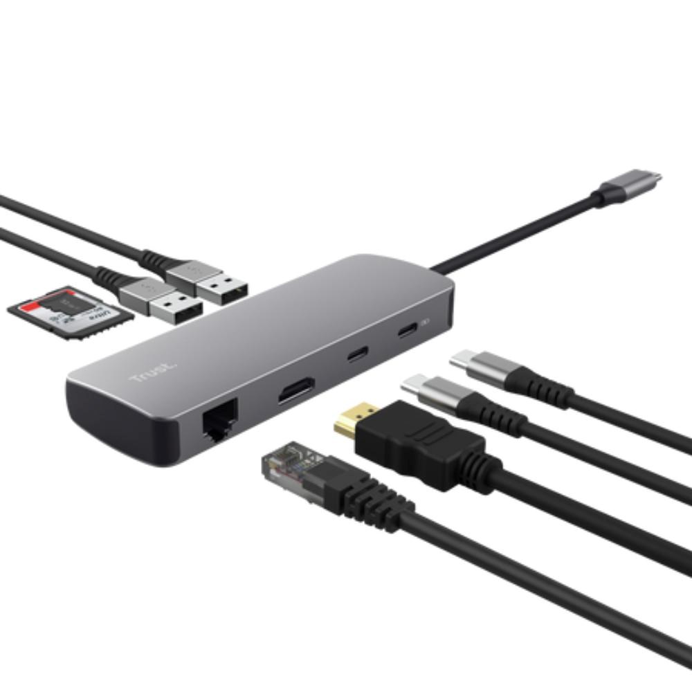 TRUST Dokovací stanice DALYX USB-C, 8v1, HDMI, RJ45, 2xUSB-C, 2xUSB-A, microSD/SD karta, šedá