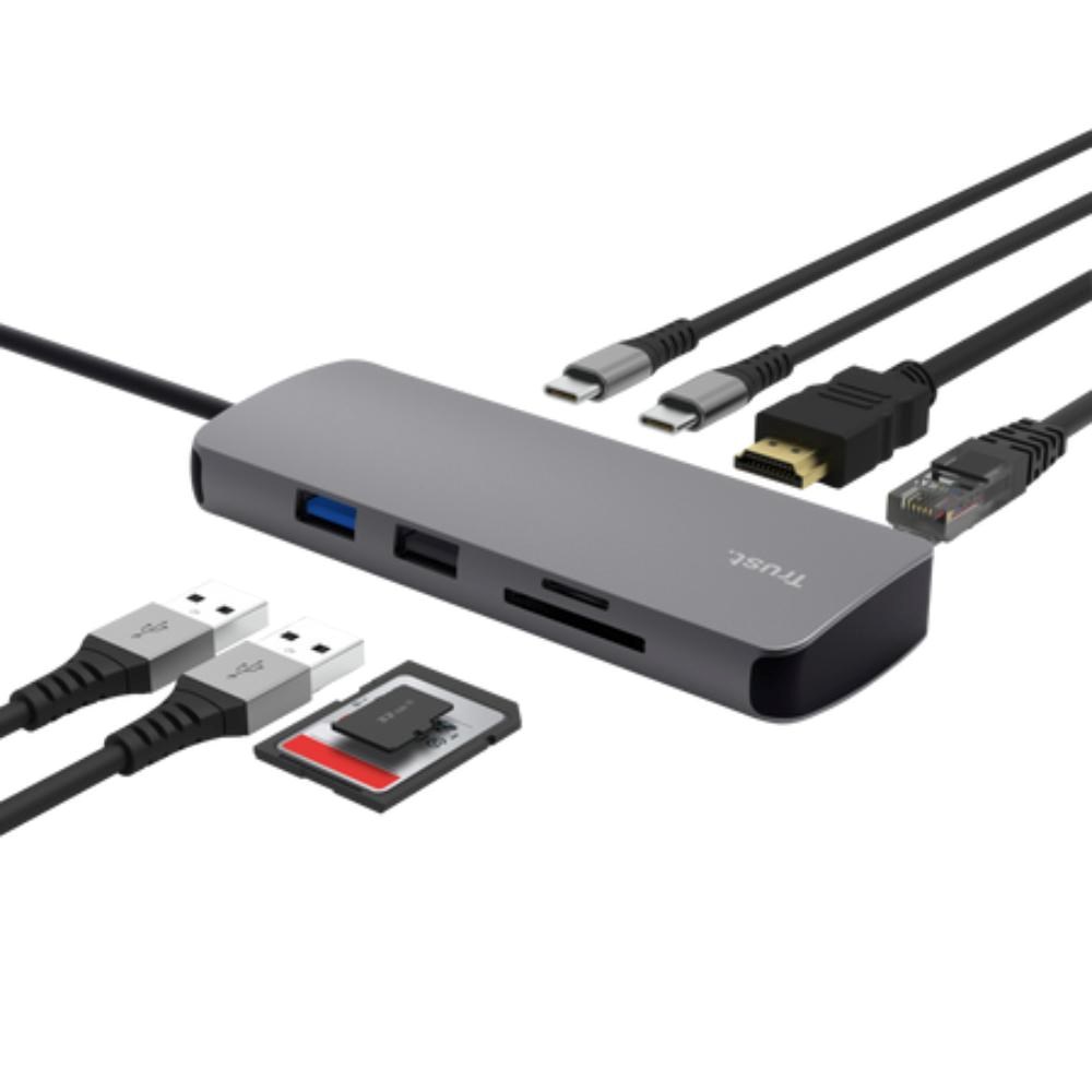 TRUST Dokovací stanice DALYX USB-C, 8v1, HDMI, RJ45, 2xUSB-C, 2xUSB-A, microSD/SD karta, šedá
