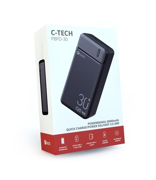 C-TECH Powerbanka 30000mAh, Li-Pol, 20W, USB-C/USB-A/micro USB