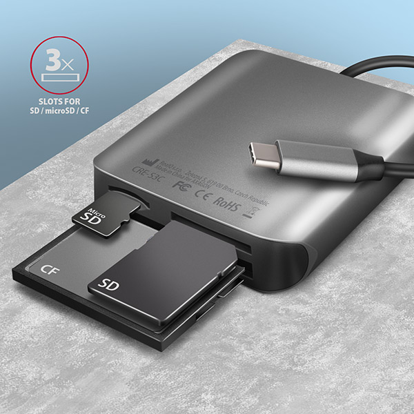 AXAGON CRE-S3C, USB-C 3.2 Gen 1 - SUPERSPEED čtečka karet, 3-slot & lun SD/microSD/CF, podpora UHS-II
