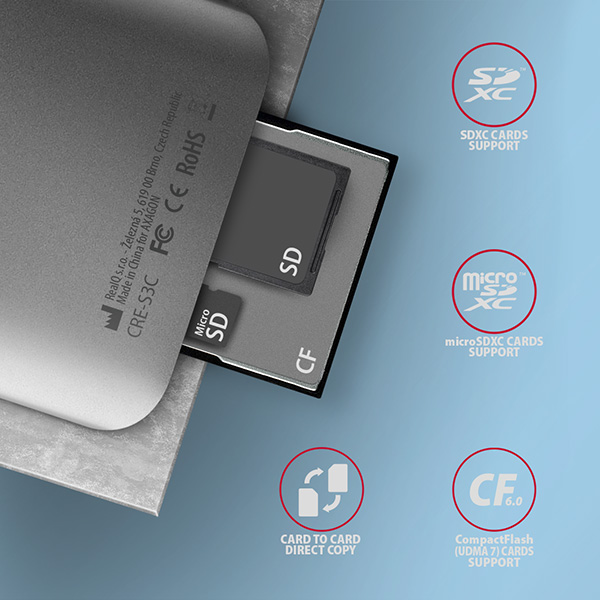 AXAGON CRE-S3C, USB-C 3.2 Gen 1 - SUPERSPEED čtečka karet, 3-slot & lun SD/microSD/CF, podpora UHS-II
