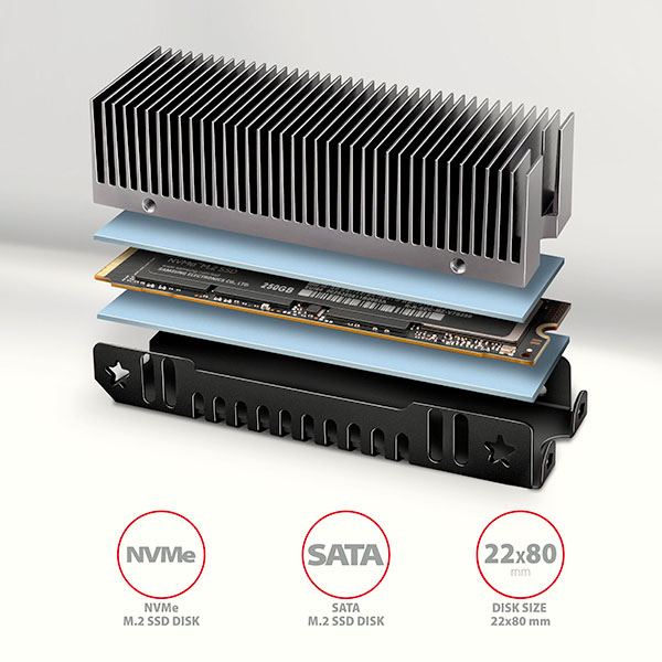 AXAGON CLR-M2XT, hliníkový pasivní chladič pro jedno i oboustranný M.2 SSD disk, výška 20 mm