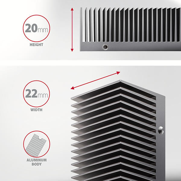 AXAGON CLR-M2XT, hliníkový pasivní chladič pro jedno i oboustranný M.2 SSD disk, výška 20 mm