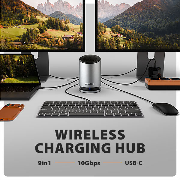 AXAGON HMC-WL9, USB 10Gbps hub s Qi, 3x USB-A, USB-C, HDMI & DP 4k/60Hz, RJ-45 GLAN, PD 100W, kabel USB-C 60cm