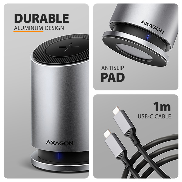 AXAGON HMC-WL9, USB 10Gbps hub s Qi, 3x USB-A, USB-C, HDMI & DP 4k/60Hz, RJ-45 GLAN, PD 100W, kabel USB-C 60cm