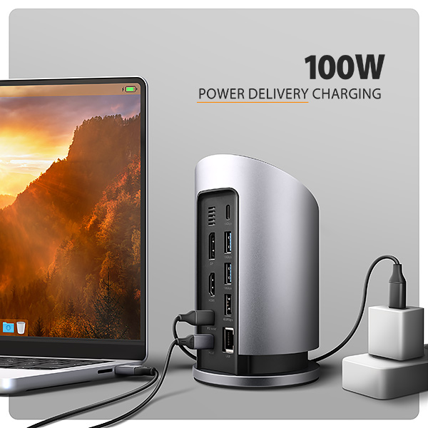 AXAGON HMC-WL9, USB 10Gbps hub s Qi, 3x USB-A, USB-C, HDMI & DP 4k/60Hz, RJ-45 GLAN, PD 100W, kabel USB-C 60cm