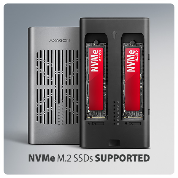 AXAGON EEM2-20GD, USB-C 20Gbps externí box pro dva M.2 NVMe SSD s funkcí klonování