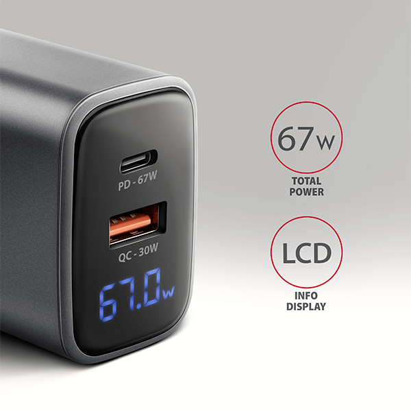 AXAGON ACU-PQ67D GaN nabíječka do sítě 67W, USB-A + USB-C, PD3.0/PPS/QC4+/SFC2.0/Apple, LCD display