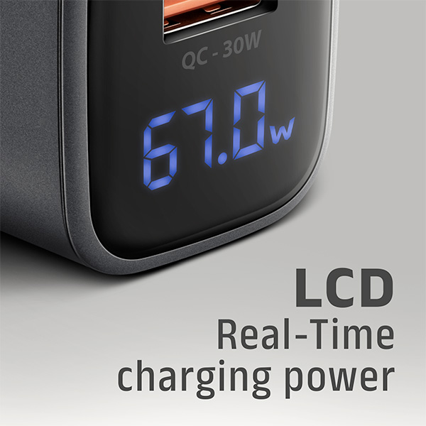 AXAGON ACU-PQ67D GaN nabíječka do sítě 67W, USB-A + USB-C, PD3.0/PPS/QC4+/SFC2.0/Apple, LCD display