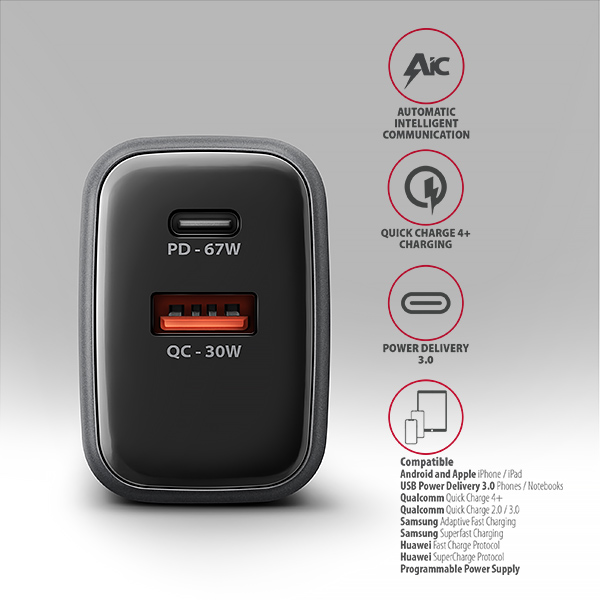 AXAGON ACU-PQ67D GaN nabíječka do sítě 67W, USB-A + USB-C, PD3.0/PPS/QC4+/SFC2.0/Apple, LCD display