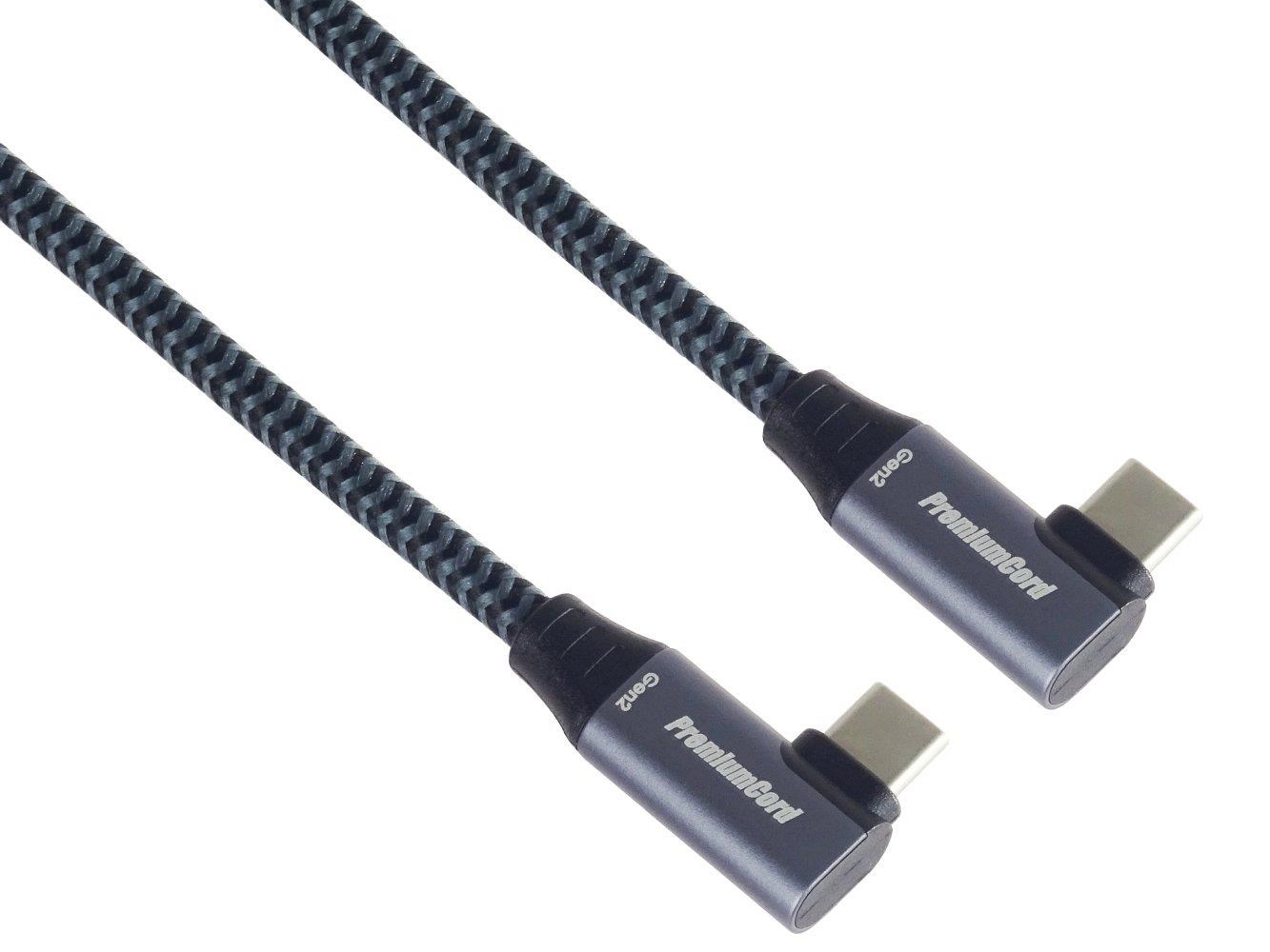 PremiumCord USB-C 2x zahnutý kabel ( USB 3.2 GEN 2x2, 5A, 100W, 20Gbit/s ) bavlněný oplet, délka: 2m