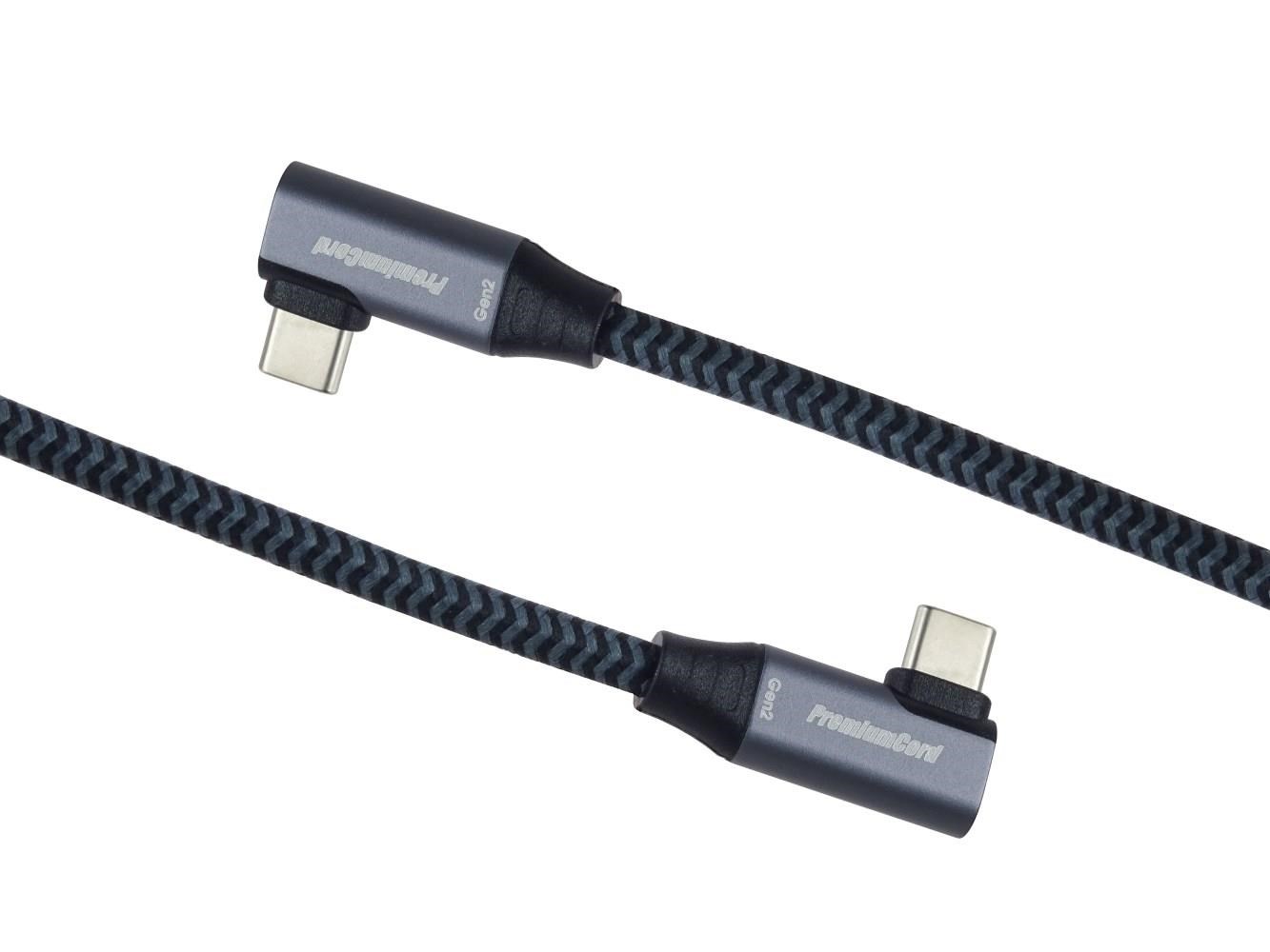 PremiumCord USB-C 2x zahnutý kabel ( USB 3.2 GEN 2x2, 5A, 100W, 20Gbit/s ) bavlněný oplet, délka: 2m
