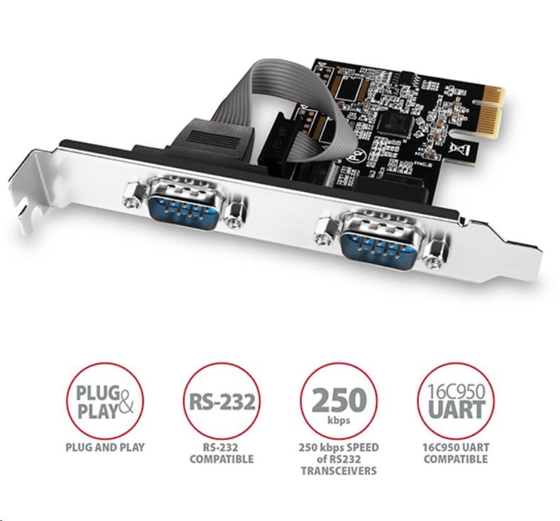 AXAGON PCEA-S2N, PCIe řadič - 2x sériový port (RS232) 250 kbps, vč. LP
