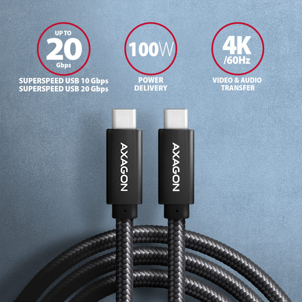 AXAGON BUCM32-CM20AB, SPEED+ kabel USB-C <-> USB-C, 2m, USB 20Gbps, PD 100W 5A, 4k HD, ALU, oplet, černý