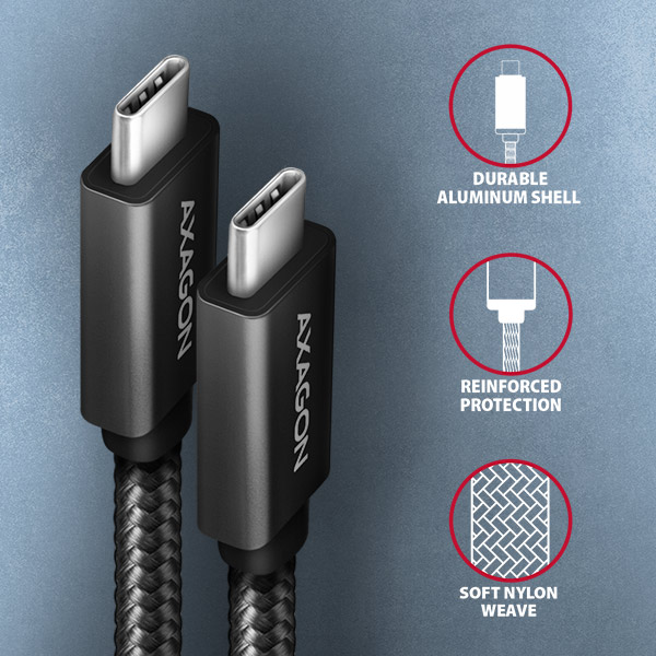 AXAGON BUCM32-CM20AB, SPEED+ kabel USB-C <-> USB-C, 2m, USB 20Gbps, PD 100W 5A, 4k HD, ALU, oplet, černý