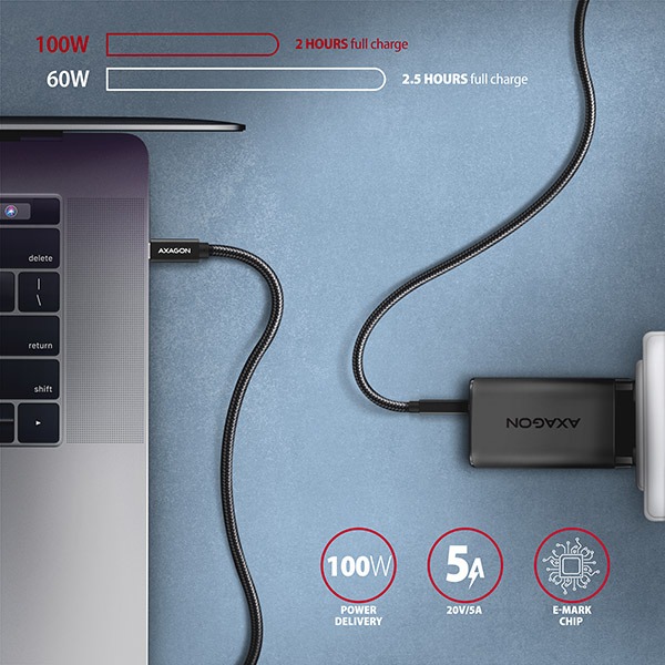 AXAGON BUCM32-CM20AB, SPEED+ kabel USB-C <-> USB-C, 2m, USB 20Gbps, PD 100W 5A, 4k HD, ALU, oplet, černý