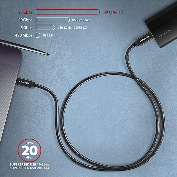 AXAGON BUCM32-CM20AB, SPEED+ kabel USB-C <-> USB-C, 2m, USB 20Gbps, PD 100W 5A, 4k HD, ALU, oplet, černý
