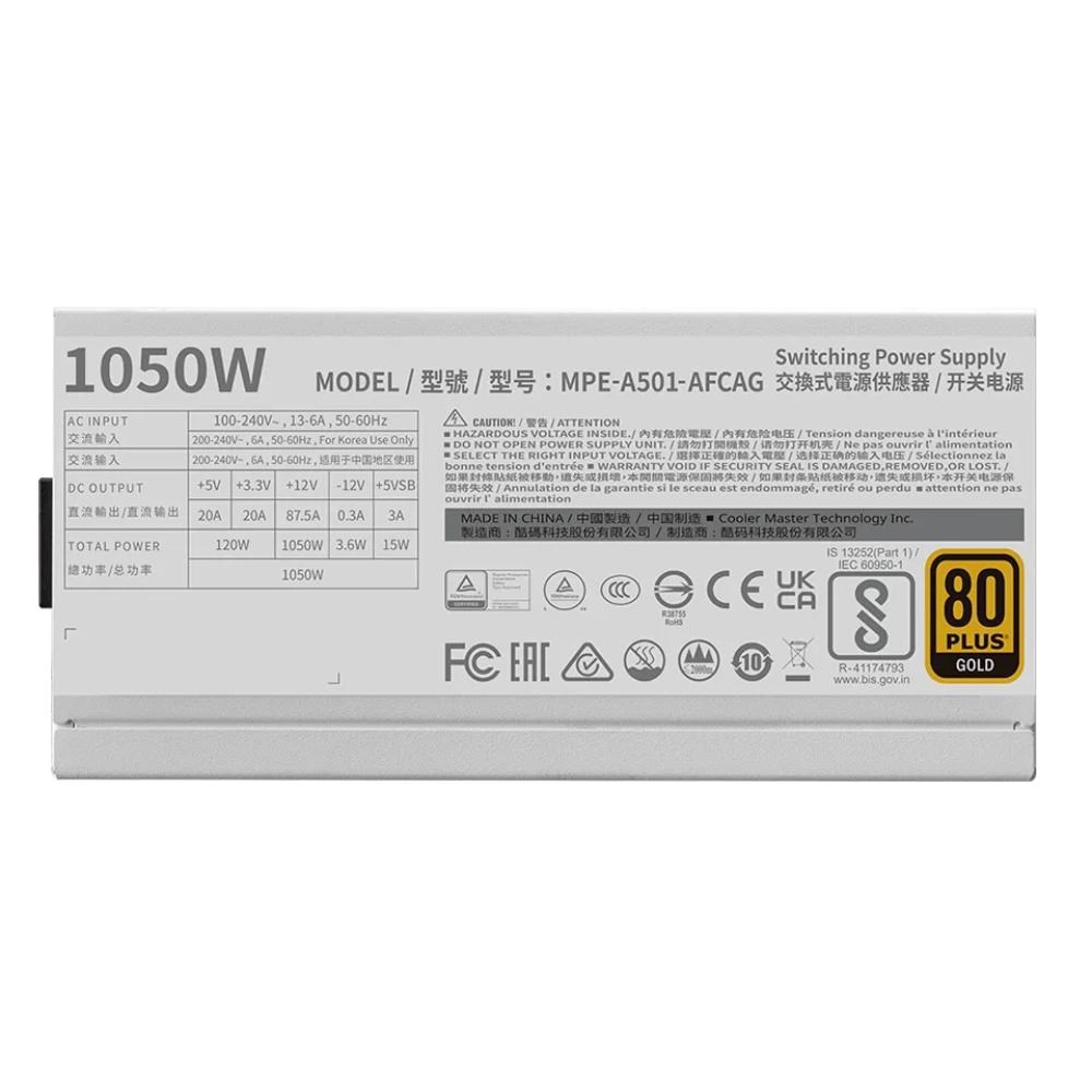 Cooler Master zdroj 1050W MWE Gold, 140mm, Plně modulární, 80+ Gold, ATX 3.1, bílá