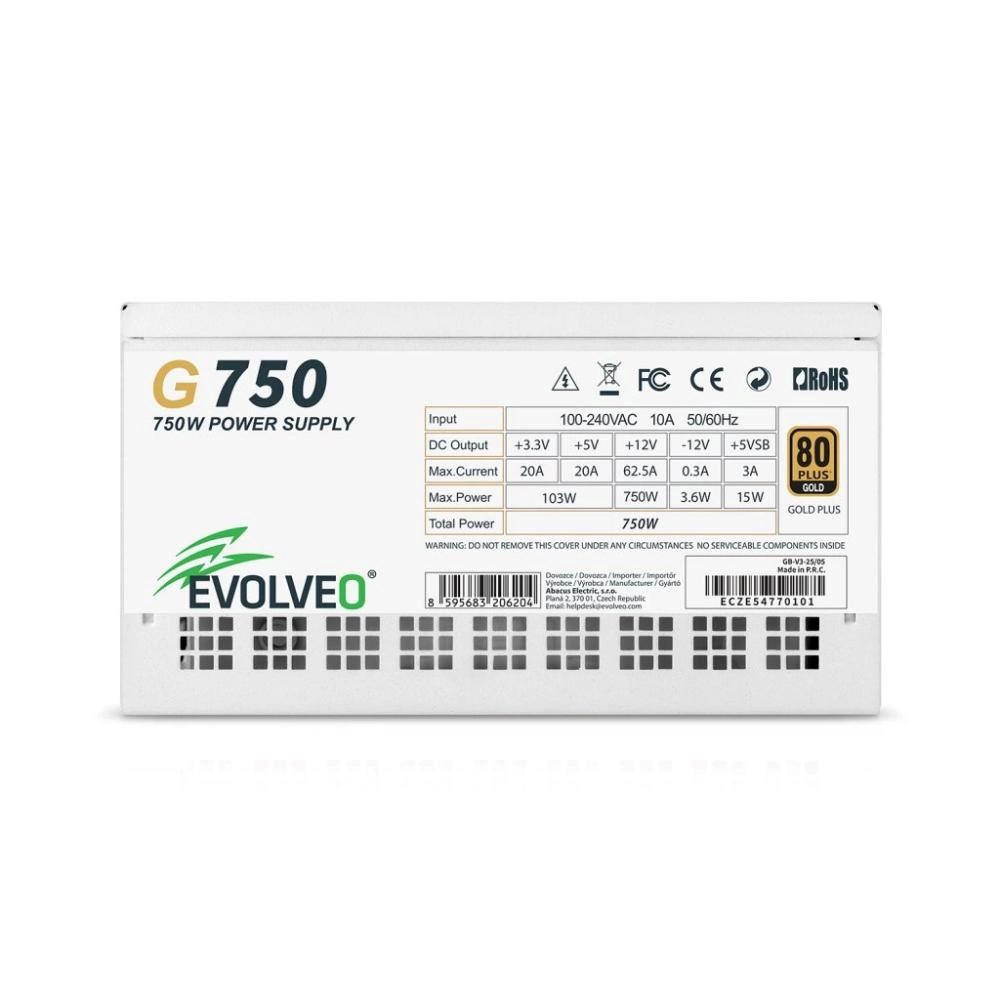 EVOLVEO G750 zdroj 750W, 80+ GOLD, ATX 3.1, aPFC, 140 mm ventilátor, záruka 3 roky, bílý