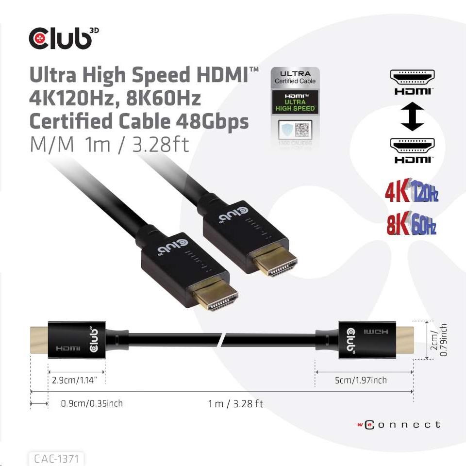 Club3D Kabel Ultra Rychlý HDMI™ Certifikovaný 4K 8K60Hz 48Gbps (M/M), 1m, 30 AWG