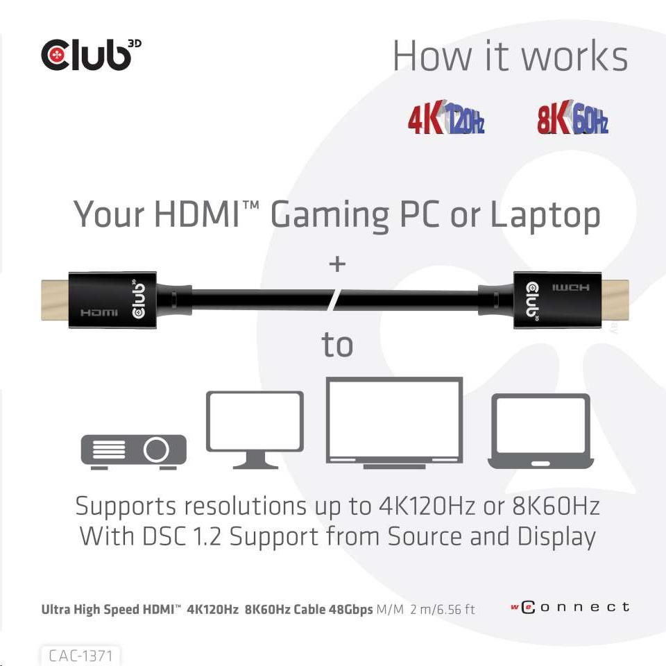 Club3D Kabel Ultra Rychlý HDMI™ Certifikovaný 4K 8K60Hz 48Gbps (M/M), 1m, 30 AWG