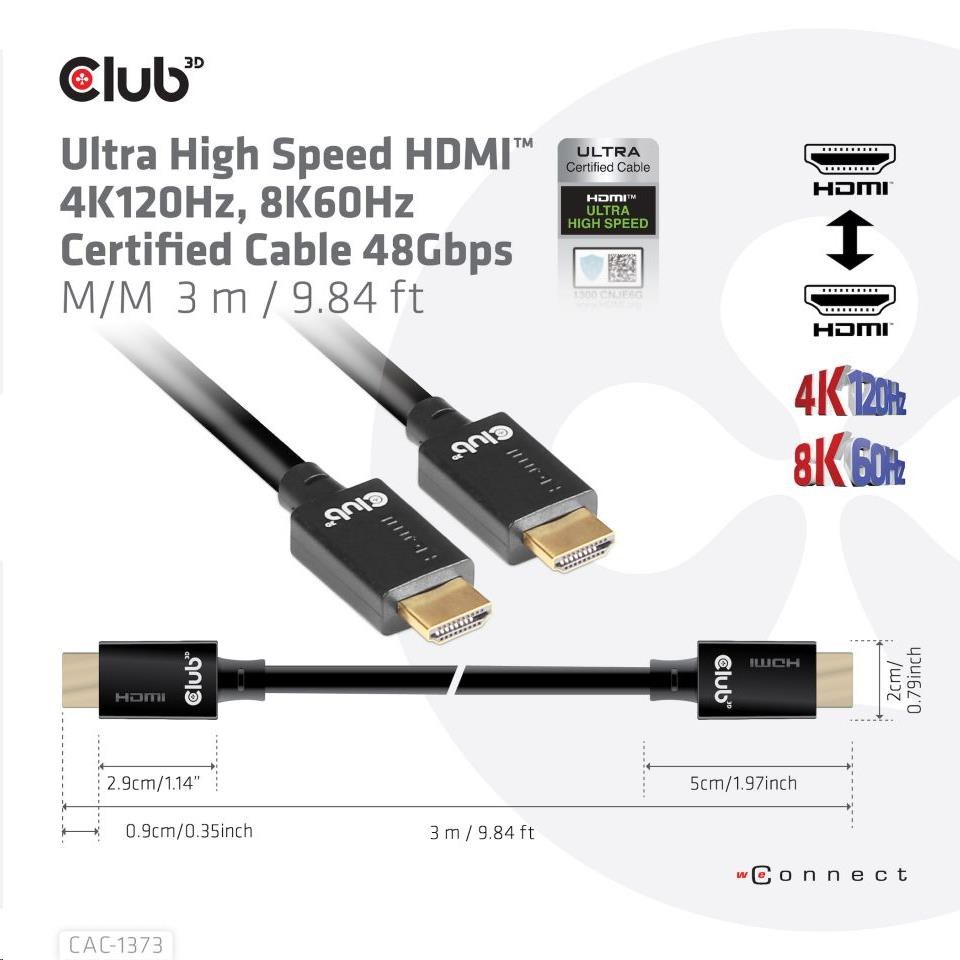 Club3D Kabel Ultra Rychlý HDMI™ Certifikovaný, 4K 120Hz, 8K60Hz, 48Gbps M/M, 3m, 28 AWG